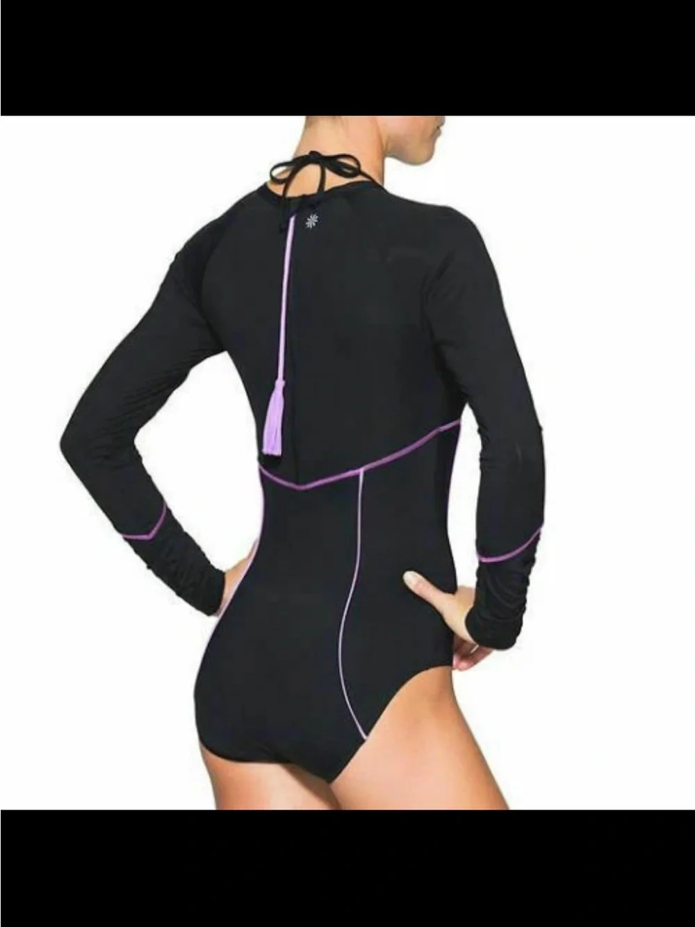 Athleta Ariel Black Long-Sleeve Swim rashguard with Purple Piping